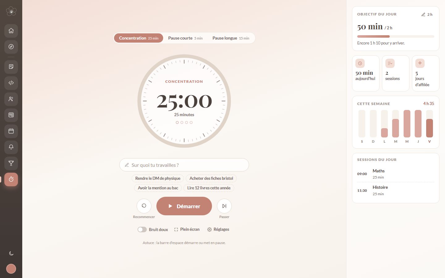 Le minuteur Pomodoro de Taskora avec l'objectif du jour et les sessions de la semaine