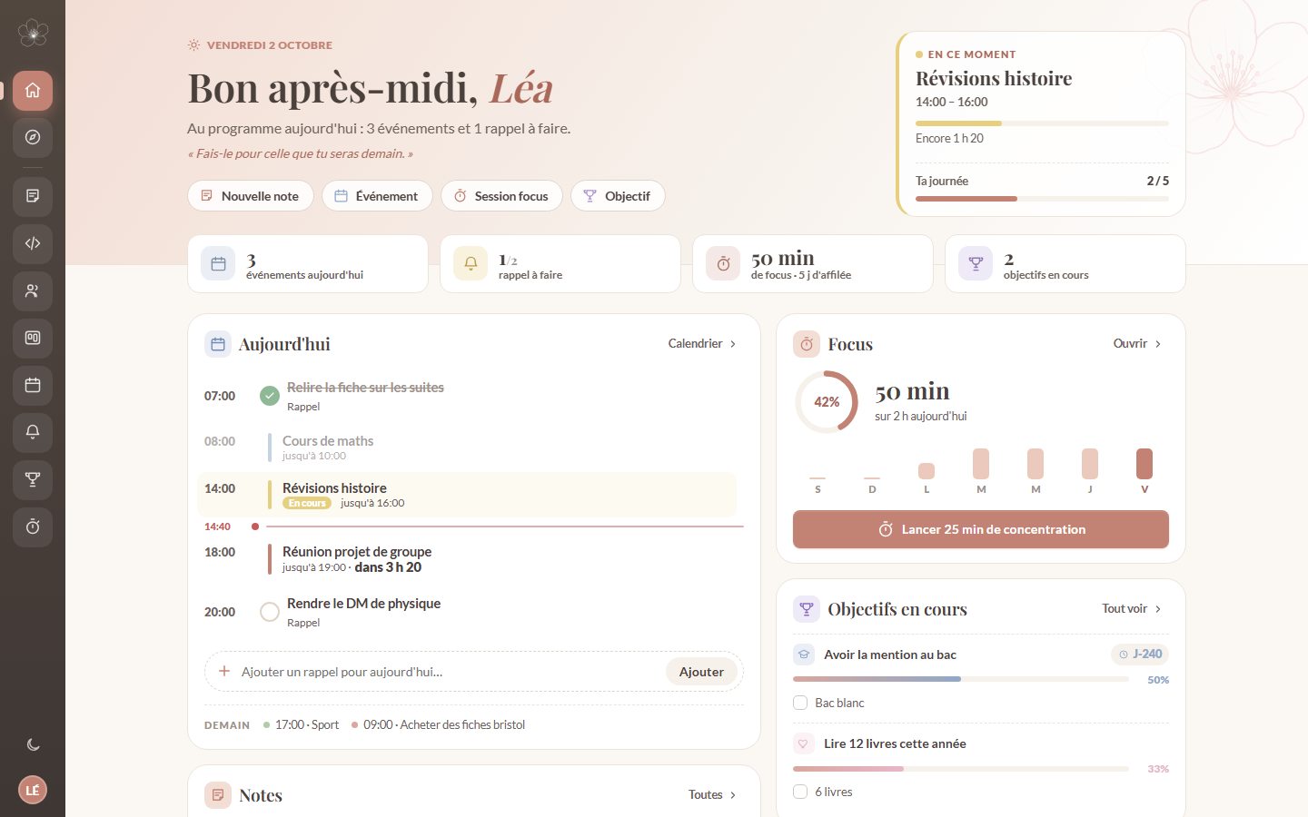 Page d'accueil de Taskora : programme du jour, rappels, minutes de focus et objectifs en cours